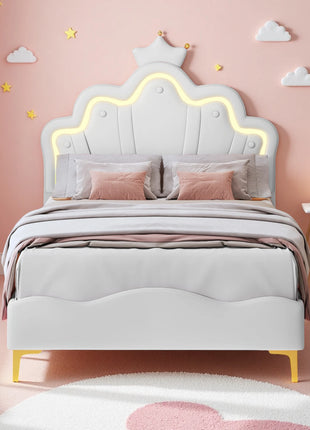 Comanlai Letto per bambini 90x200 cm con luce LED e testiera a forma di corona, letto imbottito con rete a doghe, pelle PU, bianco