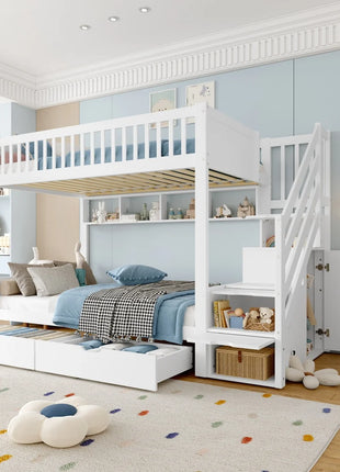 Letto a castello (senza materasso), lettino per bambini, cassettiera, scaffale, armadio, vano portaoggetti, 90x cm, bianco