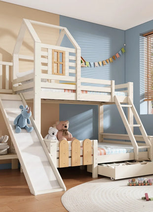 Letto a castello 90x200 e 140x200 cm, letto a soppalco con cassetto, scivolo e scaletta, letto per bambini con rete a doghe, stile casetta