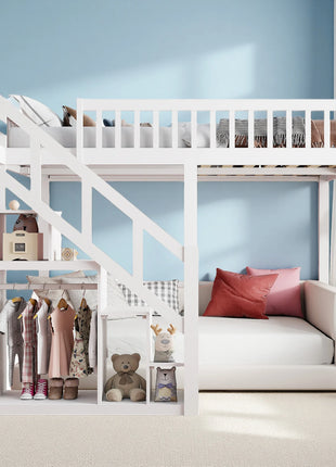 Letto a soppalco 90 x 200 cm, letto a castello per bambini, letto gioco 140 x 200 con scaletta e mobiletto, letto singolo per bambini con protezione anticaduta e ringhiere, letto a soppalco per ragazzi con rete a doghe