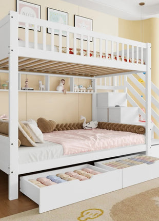 Letto a castello (senza materasso), lettino per bambini, cassettiera, scaffale, armadio, vano portaoggetti, 90x cm, bianco