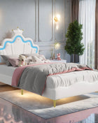 Letto imbottito 90x200 cm per bambini, struttura letto per ragazze, letto per bambini con LED, letto per ragazze con rete a doghe, letto principessa con testiera regolabile, letto per ragazzi, PU, bianco/rosa