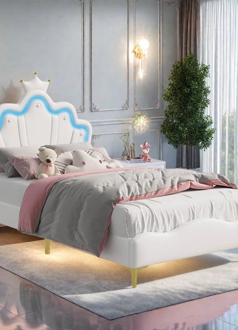 Letto imbottito 90x200 cm per bambini, struttura letto per ragazze, letto per bambini con LED, letto per ragazze con rete a doghe, letto principessa con testiera regolabile, letto per ragazzi, PU, bianco/rosa