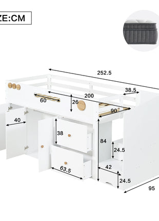 Letto in legno, Letto per bambini, Letto a mezza altezza, contenitore con ante magnetiche, Con due grandi cassetti e armadio