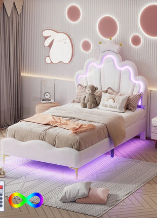 Letto imbottito 90x200 cm per bambini, struttura letto per ragazze, letto per bambini con LED, letto per ragazze con rete a doghe, letto principessa con testiera regolabile, letto per ragazzi, PU, bianco/rosa