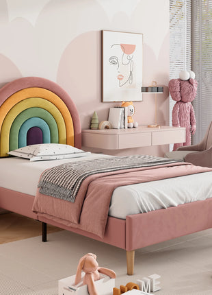 Comanlai 90 * 200 cm Letto imbottito in velluto Letto singolo in legno per bambine, letto per bambini con testiera arcobaleno rosa