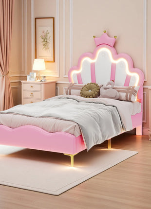Letto imbottito 90x200 cm per bambini, struttura letto per ragazze, letto per bambini con LED, letto per ragazze con rete a doghe, letto principessa con testiera regolabile, letto per ragazzi, PU, bianco/rosa