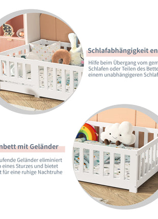 Letto per bambini 90X200 cm: letto singolo multifunzionale con binari di sicurezza, realizzato in legno massello di pino, bianco