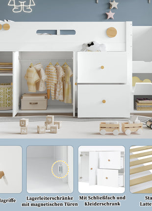Letto in legno, Letto per bambini, Letto a mezza altezza, contenitore con ante magnetiche, Con due grandi cassetti e armadio