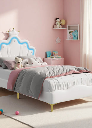 Comanlai Letto per bambini 90x200 cm con luce LED e testiera a forma di corona, letto imbottito con rete a doghe, pelle PU, bianco