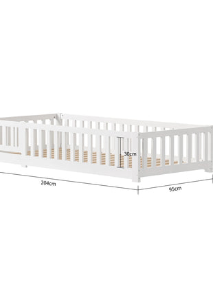 Letto per bambini 90X200 cm: letto singolo multifunzionale con binari di sicurezza, realizzato in legno massello di pino, bianco