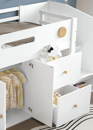 Letto in legno, Letto per bambini, Letto a mezza altezza, contenitore con ante magnetiche, Con due grandi cassetti e armadio