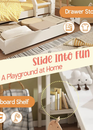 Letto a castello 90x200 e 140x200 cm, letto a soppalco con cassetto, scivolo e scaletta, letto per bambini con rete a doghe, stile casetta