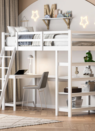 Letto a castello Aura in legno con scrivania e ripiano 140x200 cm Letto a castello singolo in legno massello Letto a castello per bambini