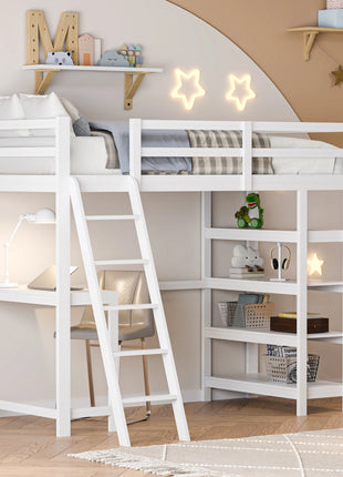 Letto a castello Aura in legno con scrivania e ripiano 140x200 cm Letto a castello singolo in legno massello Letto a castello per bambini