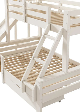 Letto a castello 90x200 e 140x200 cm, letto a soppalco con cassetto, scivolo e scaletta, letto per bambini con rete a doghe, stile casetta