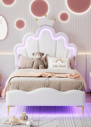 Letto imbottito 90x200 cm per bambini, struttura letto per ragazze, letto per bambini con LED, letto per ragazze con rete a doghe, letto principessa con testiera regolabile, letto per ragazzi, PU, bianco/rosa