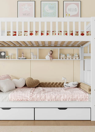 Letto a castello (senza materasso), lettino per bambini, cassettiera, scaffale, armadio, vano portaoggetti, 90x cm, bianco