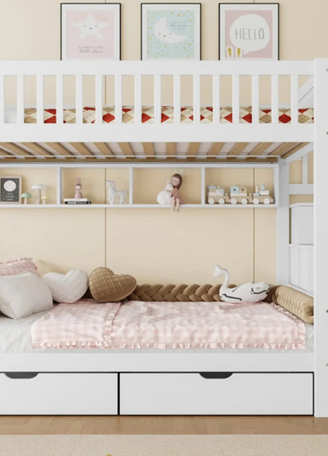 Letto a castello (senza materasso), lettino per bambini, cassettiera, scaffale, armadio, vano portaoggetti, 90x cm, bianco