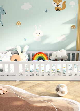 Letto per bambini 90X200 cm: letto singolo multifunzionale con binari di sicurezza, realizzato in legno massello di pino, bianco