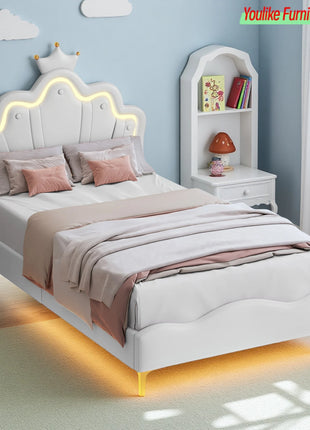 Comanlai Letto per bambini 90x200 cm con luce LED e testiera a forma di corona, letto imbottito con rete a doghe, pelle PU, bianco
