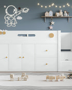 Letto in legno, Letto per bambini, Letto a mezza altezza, contenitore con ante magnetiche, Con due grandi cassetti e armadio