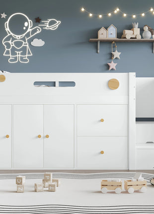 Letto in legno, Letto per bambini, Letto a mezza altezza, contenitore con ante magnetiche, Con due grandi cassetti e armadio