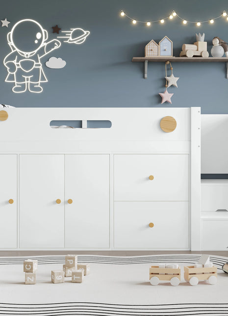 Letto in legno, Letto per bambini, Letto a mezza altezza, contenitore con ante magnetiche, Con due grandi cassetti e armadio