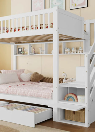 Letto a castello (senza materasso), lettino per bambini, cassettiera, scaffale, armadio, vano portaoggetti, 90x cm, bianco