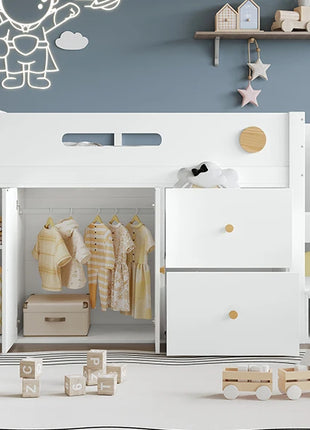 Letto in legno, Letto per bambini, Letto a mezza altezza, contenitore con ante magnetiche, Con due grandi cassetti e armadio