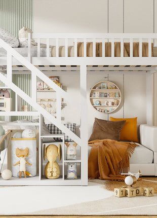 Letto a soppalco 90 x 200 cm, letto a castello per bambini, letto gioco 140 x 200 con scaletta e mobiletto, letto singolo per bambini con protezione anticaduta e ringhiere, letto a soppalco per ragazzi con rete a doghe