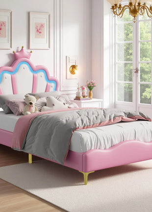 Letto imbottito 90x200 cm per bambini, struttura letto per ragazze, letto per bambini con LED, letto per ragazze con rete a doghe, letto principessa con testiera regolabile, letto per ragazzi, PU, bianco/rosa