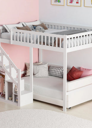 Letto a soppalco 90 x 200 cm, letto a castello per bambini, letto gioco 140 x 200 con scaletta e mobiletto, letto singolo per bambini con protezione anticaduta e ringhiere, letto a soppalco per ragazzi con rete a doghe