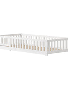 Letto per bambini 90X200 cm: letto singolo multifunzionale con binari di sicurezza, realizzato in legno massello di pino, bianco