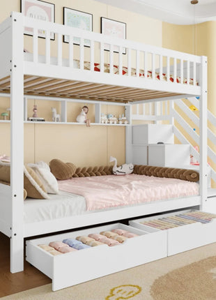 Letto a castello (senza materasso), lettino per bambini, cassettiera, scaffale, armadio, vano portaoggetti, 90x cm, bianco