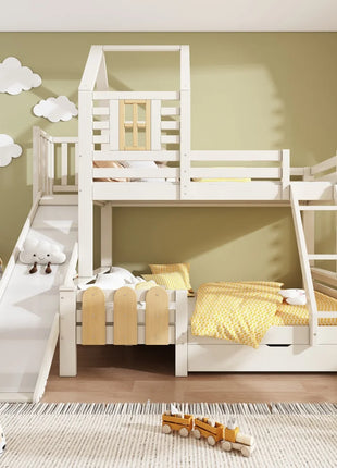 Letto a castello 90x200 e 140x200 cm, letto a soppalco con cassetto, scivolo e scaletta, letto per bambini con rete a doghe, stile casetta