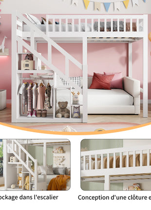 Letto a soppalco 90 x 200 cm, letto a castello per bambini, letto gioco 140 x 200 con scaletta e mobiletto, letto singolo per bambini con protezione anticaduta e ringhiere, letto a soppalco per ragazzi con rete a doghe