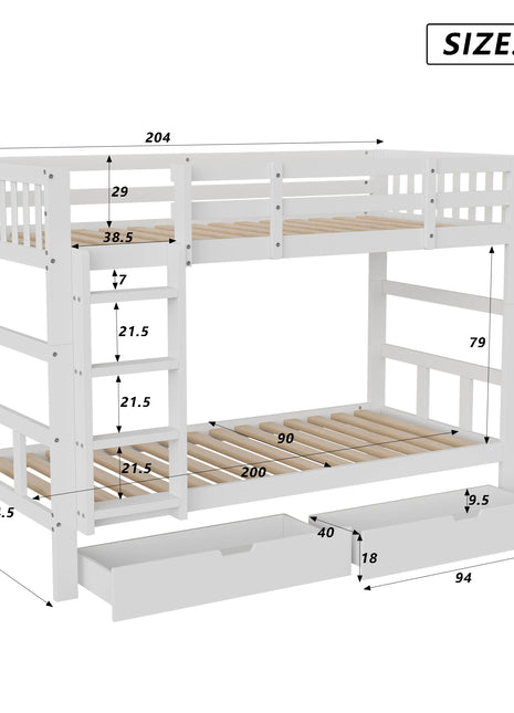 Letto a Castello Anajqaqia 90 x 200 cm, in Legno Massello, con Scala, 2 Cassetti e Rete a Doghe, Letto per Bambini