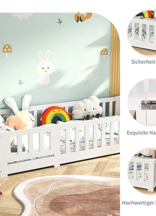 Letto per bambini 90X200 cm: letto singolo multifunzionale con binari di sicurezza, realizzato in legno massello di pino, bianco