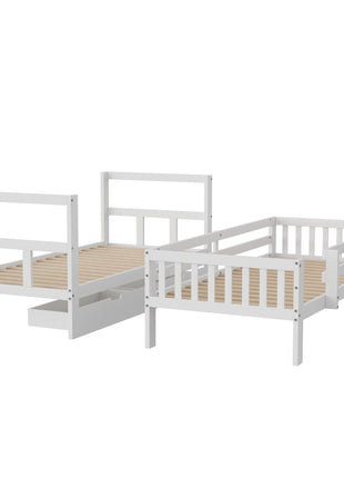 Letto a Castello Anajqaqia 90x200cm con 2 Cassetti, Trasformabile in 2 Letti Singoli, Letto a Soppalco con Barriera e Scala, Letto a Cabina per Bambini, Bianco