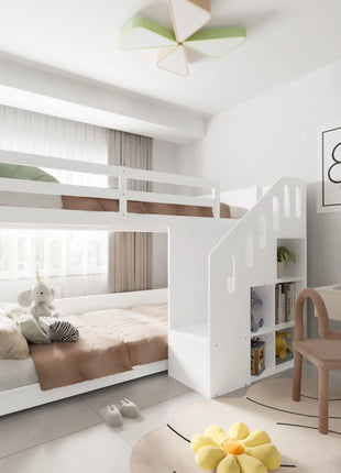 Letto a castello per bambini, letto matrimoniale, letto multifunzionale per bambini, con scale e vani portaoggetti, ringhiera stabile, senza materasso, 90*