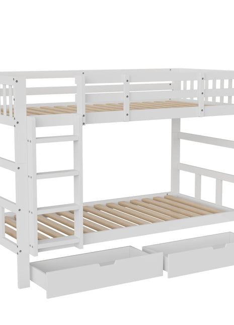 Letto a Castello Anajqaqia 90 x 200 cm, in Legno Massello, con Scala, 2 Cassetti e Rete a Doghe, Letto per Bambini