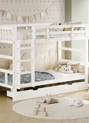 Fanganeg Letto a castello per bambini con scaletta, divano letto estraibile 90 x 200 cm con 2 basi a doghe, letto a castello con barriera di sicurezza, bianco