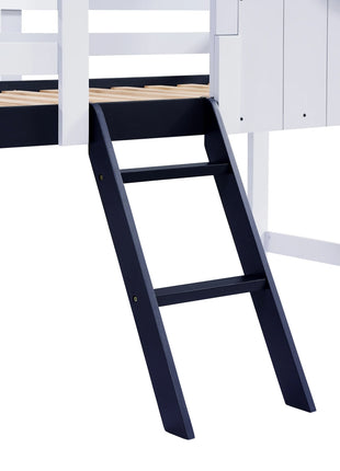 Letto a castello, letto a castello, lettino con tetto e finestra, cassetto inferiore con rulli, pratica scala a due stadi, pino + Sperrholz 90x200 cm