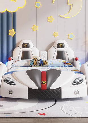 # Per letto per bambini moderno e fresco in stile auto Letto per bambini imbottito in pelle per ragazzi Letto matrimoniale creativo con guardrail