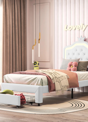 Letto Imbottito Comanlia con Struttura, Letto Singolo per Bambini con Cassetto e Illuminazione, Testiera a Corona, Ecopelle, Bianco