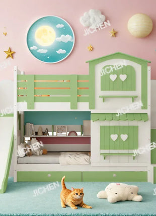 Letto a Castello per Bambine JC, Letto a Due Piani Rosa Stile Principessa con Scivolo