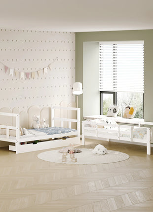 Fanganeg Letto a castello per bambini con scaletta, divano letto estraibile 90 x 200 cm con 2 basi a doghe, letto a castello con barriera di sicurezza, bianco