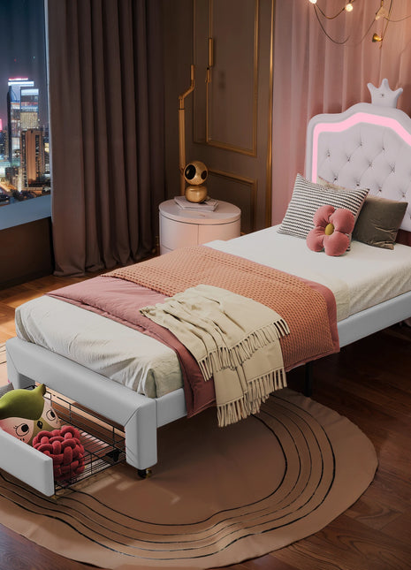 Letto Imbottito Comanlia con Struttura, Letto Singolo per Bambini con Cassetto e Illuminazione, Testiera a Corona, Ecopelle, Bianco