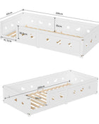 Letto a terra Montessori per bambini Rosahqnda 90/120/140x200cm, Bianco, Protezione anticaduta rimovibile e porta, Struttura a doghe in pino massiccio